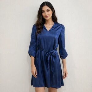 Chetta B Blue Satin Stripe Tie Waist Dress – Elegant V-Neck 3/4 Sleeve Large